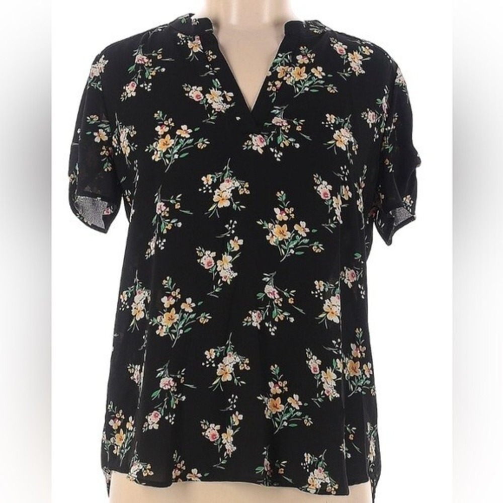 Alice Blue Floral Split V-Neck Blouse Black Short Sleeve Tab Top T30093 Womens L